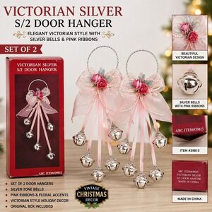 Victorian Silver Door Hanger Set of 2 Pink Ribbon Floral Bells ABC 39815 Vintage